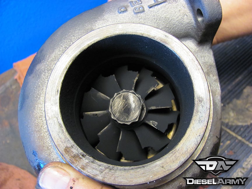 With the thrust bearing worn excessively, this turbine wheel contacted the turbine housing causing failure. The damage happened on the track, but the wear happened on the street. The cost to fix this was almost as much as a new turbo.