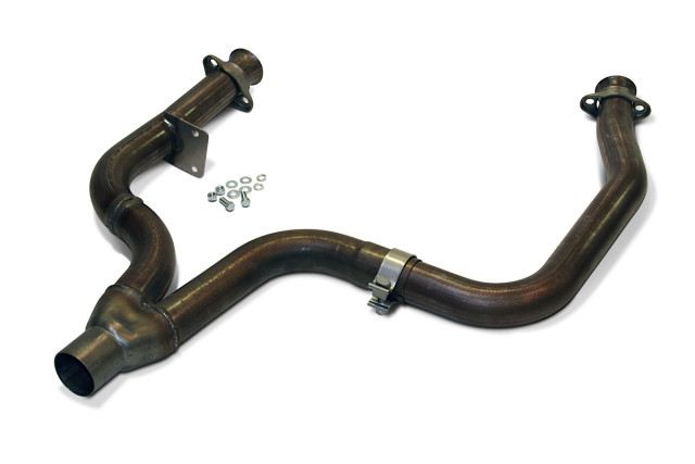 Another of SLP’s signature exhaust components is the freer-flowing Y-pipe that mounts between the factory exhaust manifolds and catalytic converters. The 2.5-inch stainless assembly replaces the more restrictive, factory-installed flat-tube Y-pipe. SLP says it’s good for up to 10 horsepower.
