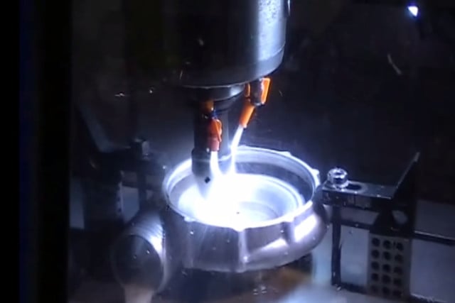 An F-1R volute on the CNC machine undergoing the ProVolute process.