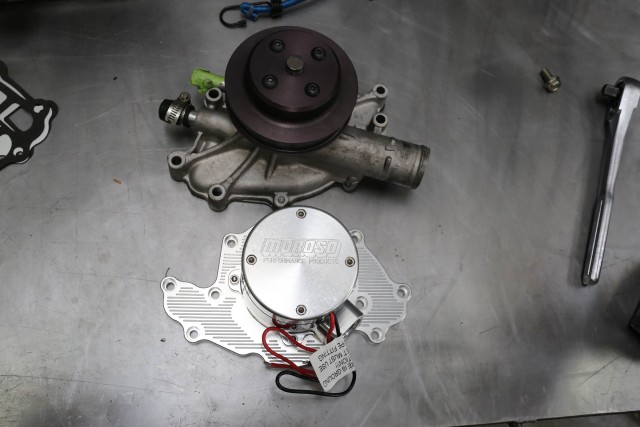 Pumps like this billet aluminum unit from Moroso can help shave a few pounds off the nose of the car versus a standard mechanical piece, which can make all the difference in a racing application where hundredths of a second count.