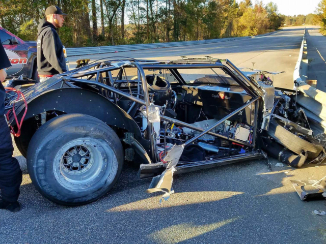 The aftermath of the second crash. The car is a total loss, but you can see how well the Rick Jones-built cage held up during the crash.