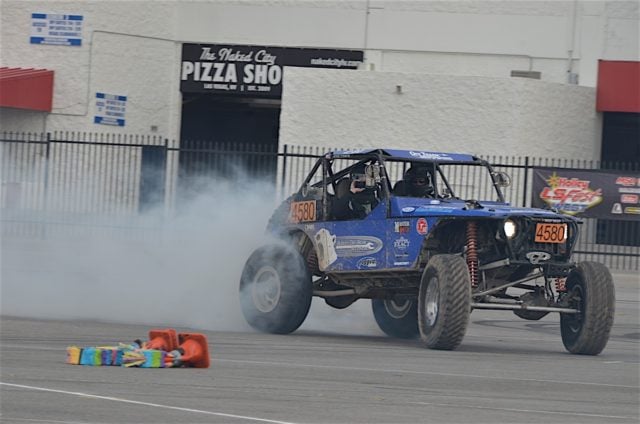 Something off-road and car guys rarely see – an Ultra4 rig doing burnouts on the pavement.