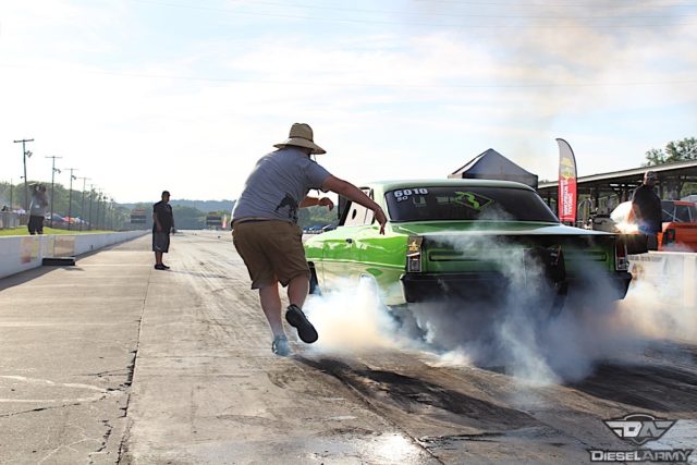 Hardway Performance getting the "Green Reaper" ready for a sub 6 second 1/8th mile pass with the push off help of Montana Cherry