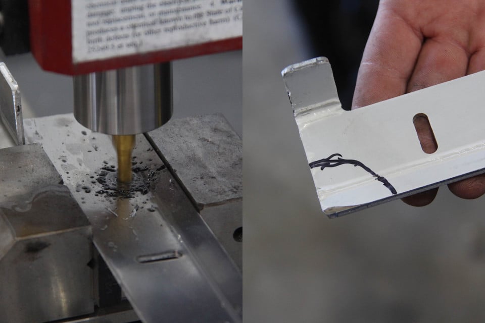 image of lower bracket with hole being milled. Image of lower bracket marked for clearancing.
